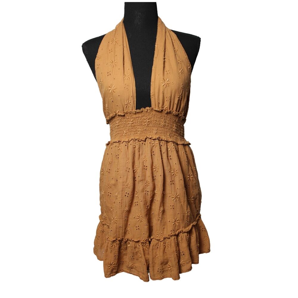 Aerie Spring Fling Halter Eyelet Bohemian Cotton Mini Dress Size XS